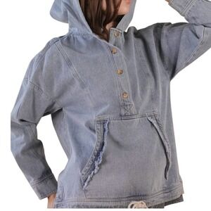 Very J Denim Hoodie Pullover Women L Blue Acid Wash Distressed Anorak